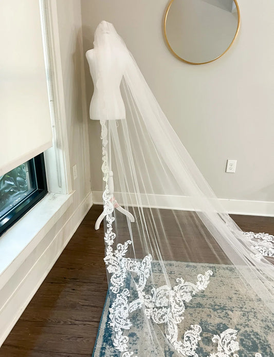 Scallop Lace Trim Cathedral Length Wedding Veil
