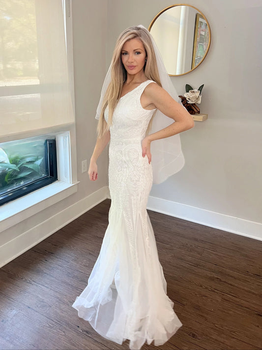 Beaded Sequin One Shoulder Trumpet Wedding Dress