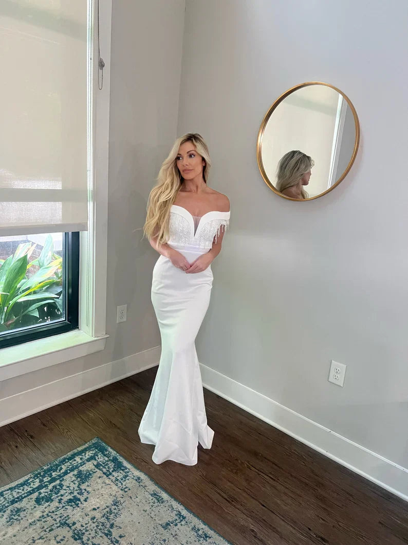 Appliques and Lace Deep V Wedding Dress with Off Shoulder Sleeves and Removable Satin Train Two Piece Set