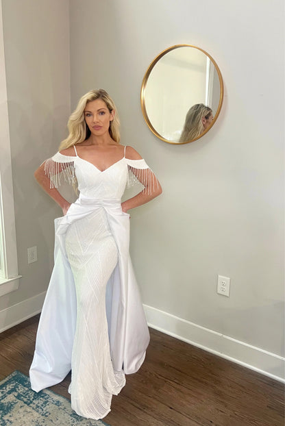 Sequin Off Shoulder Trumpet Wedding Dress with Removable Satin Train
