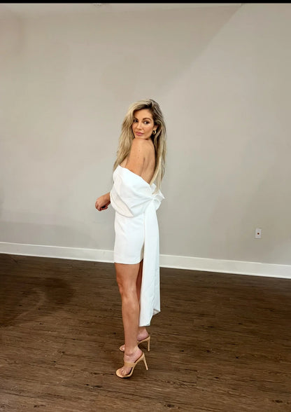 Strapless Bow Off Shoulder Sleeves Bridal Mini Dress