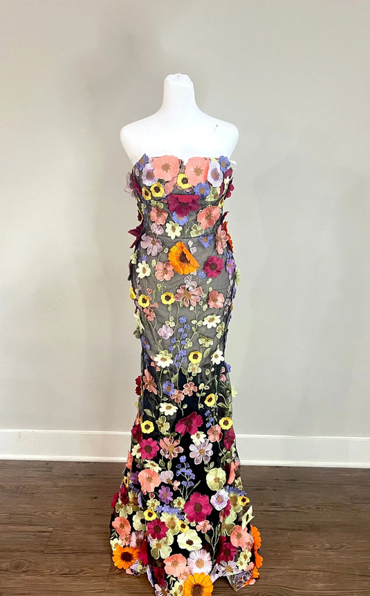 3D Flowers Black Tie Evening Gown Wedding Guest Dress