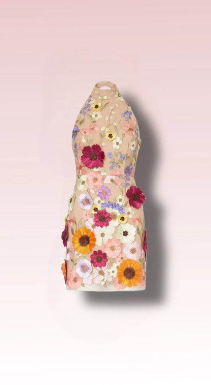 Mini 3D Flower Embroidery Halter Cocktail Spring Summer Dress