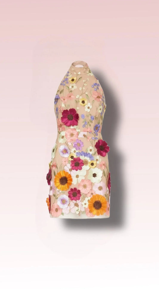Mini 3D Flower Embroidery Halter Cocktail Spring Summer Dress