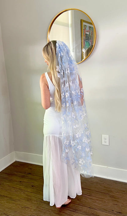 Ethereal Blue and White Blossom Flowers Finger Tip Spring Summer Bridal Veil