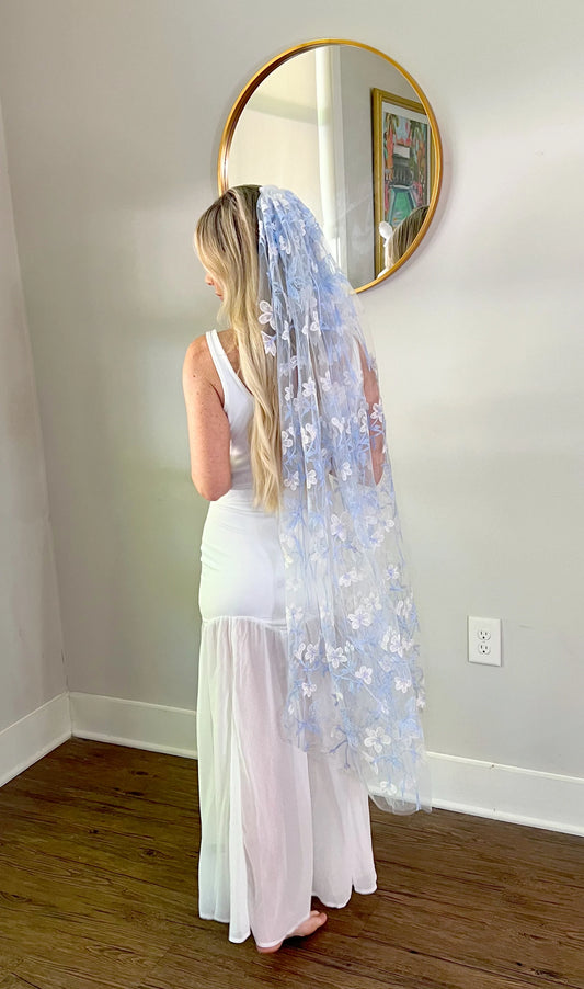 Ethereal Blue and White Blossom Flowers Finger Tip Spring Summer Bridal Veil
