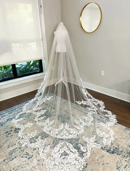 Scallop Lace Trim Cathedral Length Wedding Veil