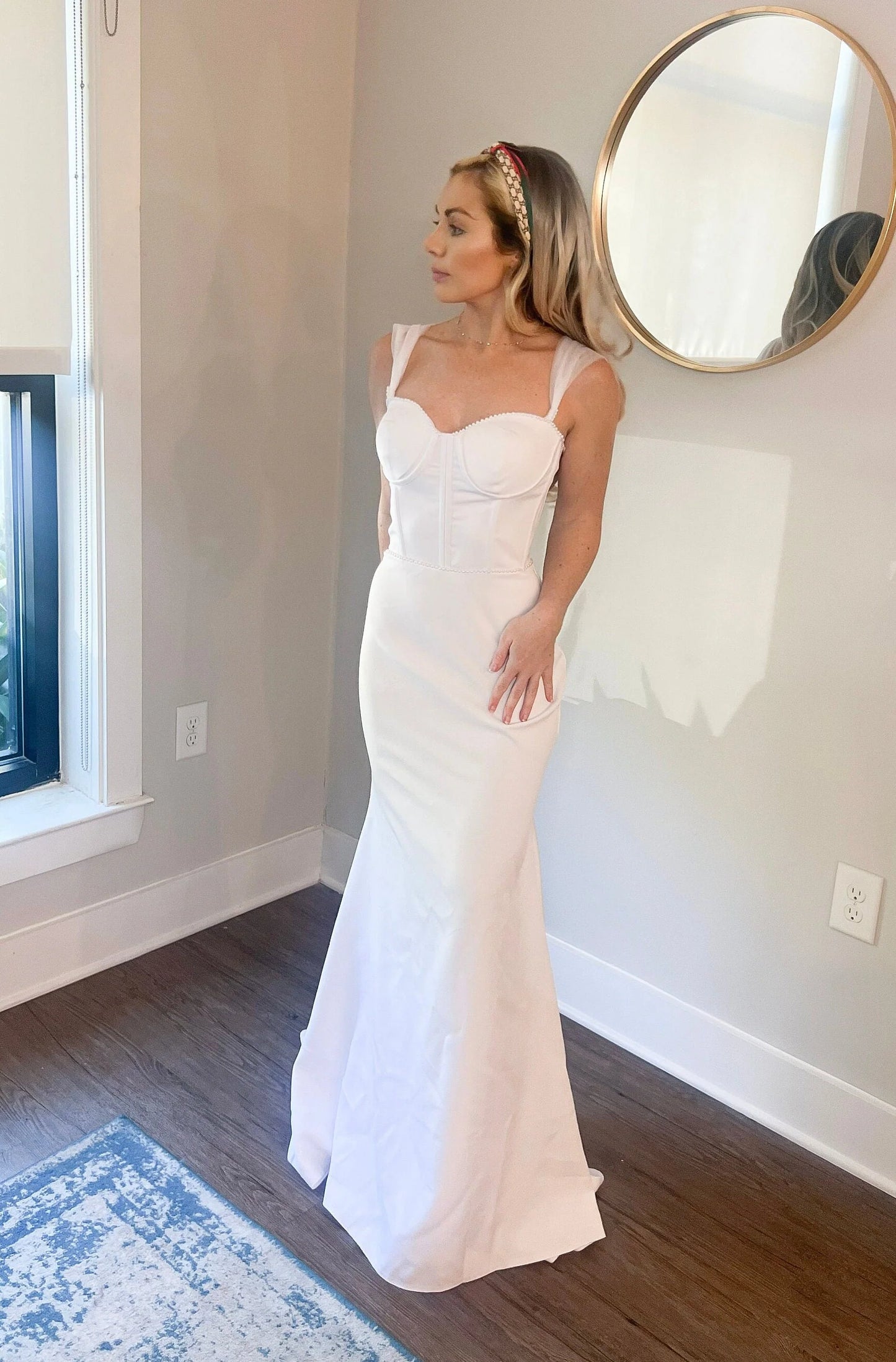 Pearl Beaded Corset Mermaid Wedding Dress with Tulle Sleeves