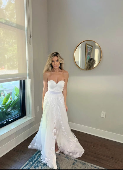 Sweetheart Neckline Wedding Dress with 3D Flower Overskirt
