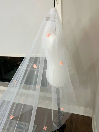 3D Pink Flower Appliqués Cathedral Length Tulle Bridal Veil with Blusher and Comb