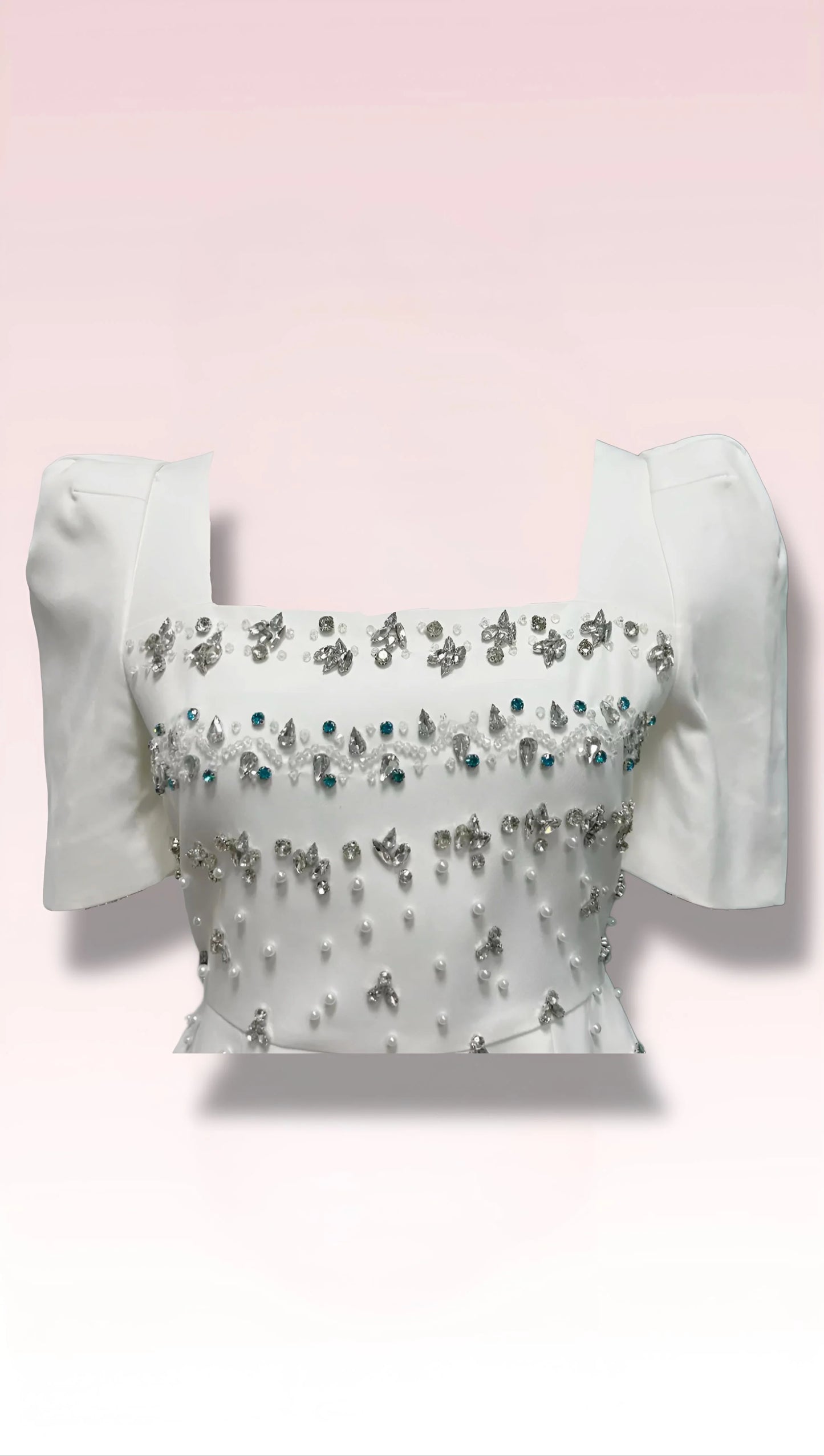 Chic Pearl Embellished Square-Neck Puffy Cap Sleeves Short Wedding Reception or Bridal Shower Dress