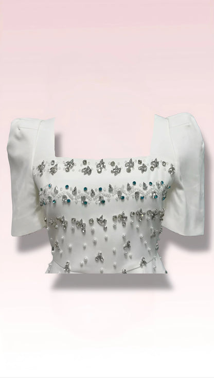 Chic Pearl Embellished Square-Neck Puffy Cap Sleeves Short Wedding Reception or Bridal Shower Dress