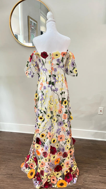 Off Shoulder White and 3D Flowers Floral Wedding Dress