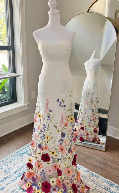 Strapless Sweetheart Neckline 3D Colorful Flowers Mermaid White Bridal Gown