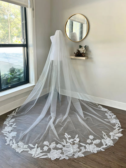 Cathedral Length Wedding Veil with Floral Embroidered Trim