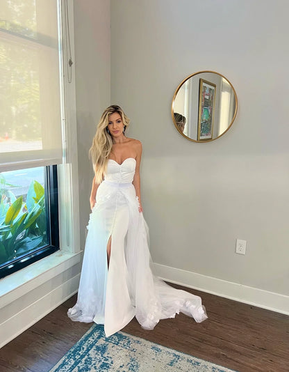Sweetheart Neckline Wedding Dress with 3D Flower Overskirt