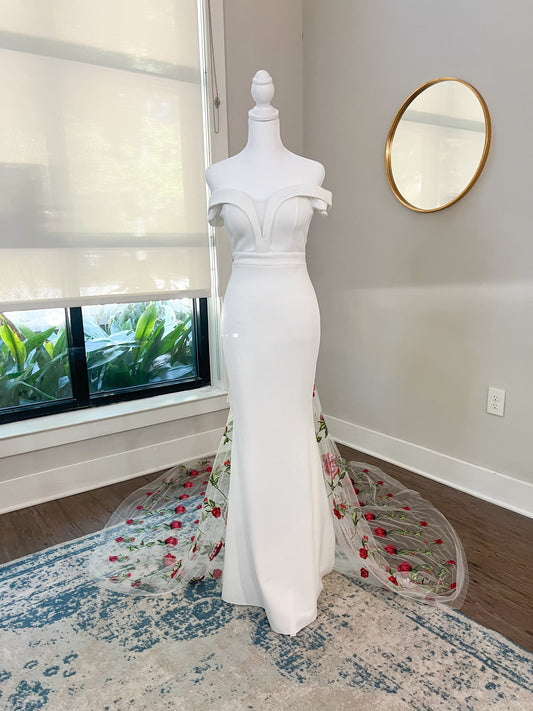 Red Roses Floral Embroidered Detachable Wedding Train with or without Bow