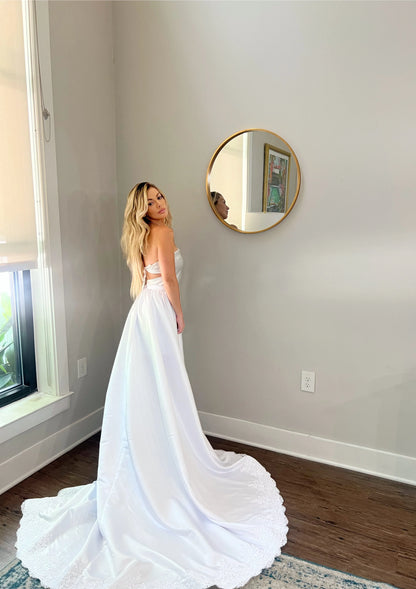Detachable Satin Wedding Train with Lace Embroidered Trim