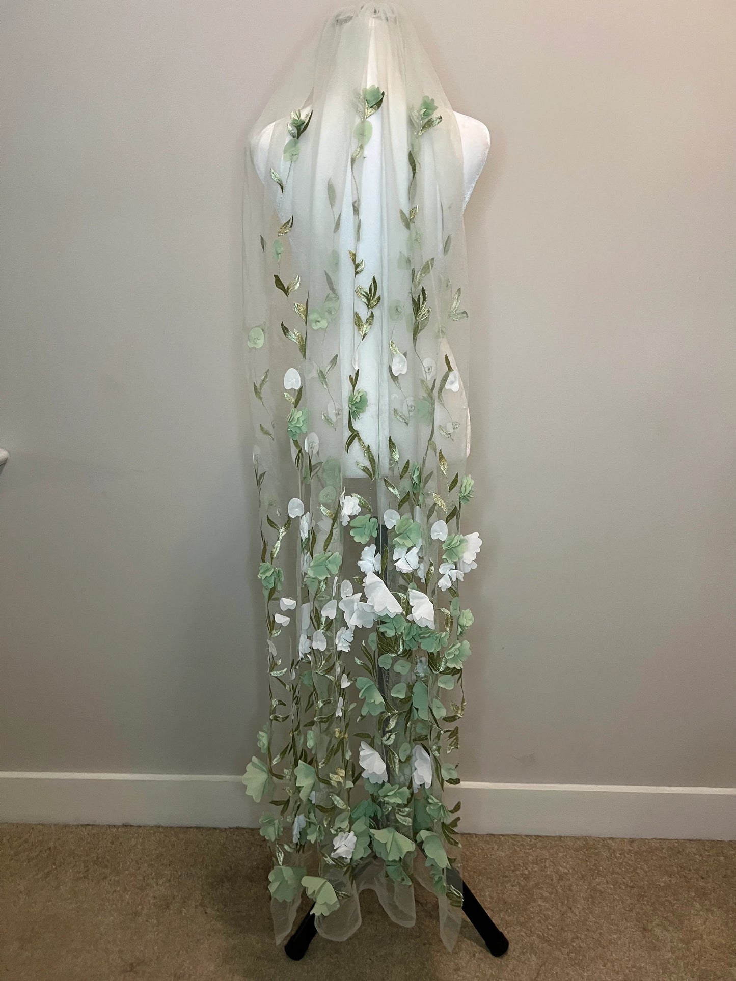 3D Green and White Floral Appliqués Garden Fairy Floor Length Wedding Veil
