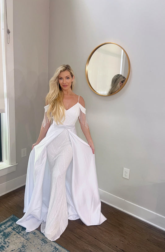 Sequin Off Shoulder Trumpet Wedding Dress with Removable Satin Train