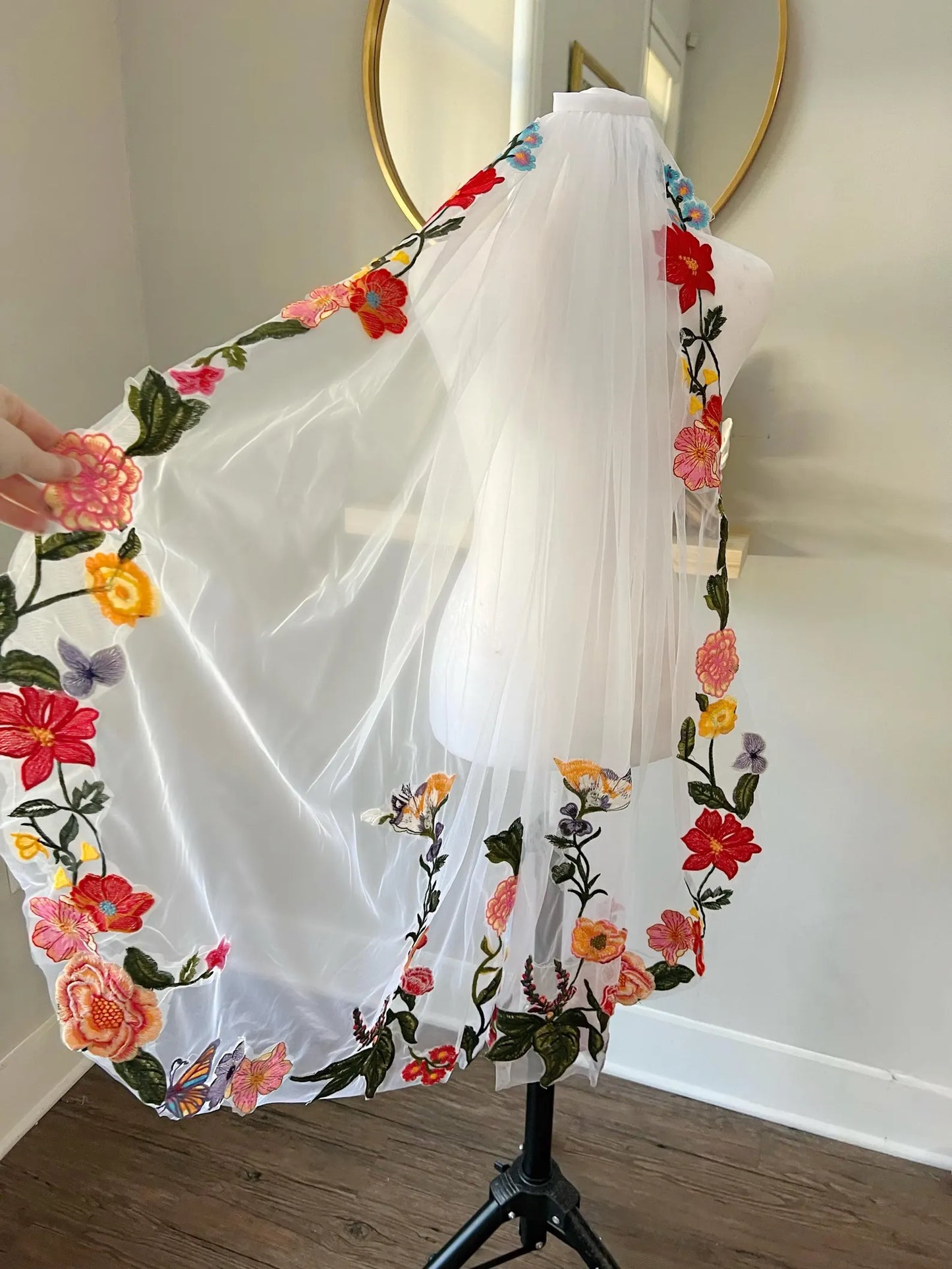 Embroidered Floral Fingertip Wedding Veil – Colorful Boho Bridal Veil with Flowers
