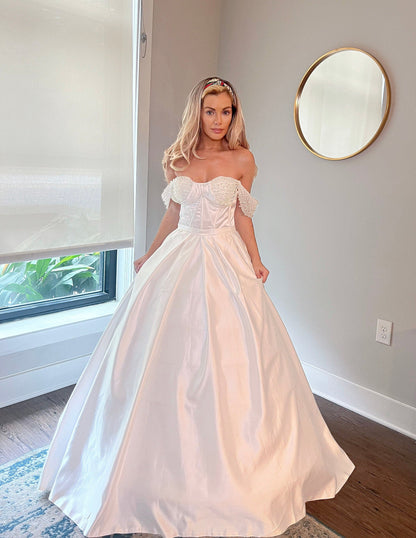 Pearl Beaded Off Shoulder Wedding Ballgown