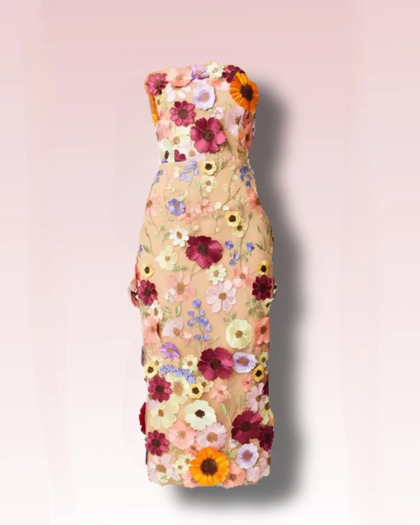 Strapless Wildflower Midi Dress - Chic 3D Floral Cocktail Attire or Wedding Guest Dress