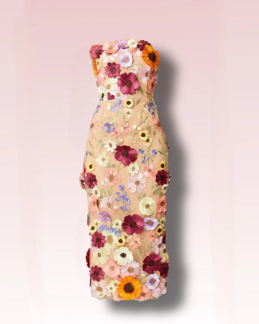 Strapless Wildflower Midi Dress - Chic 3D Floral Cocktail Attire or Wedding Guest Dress