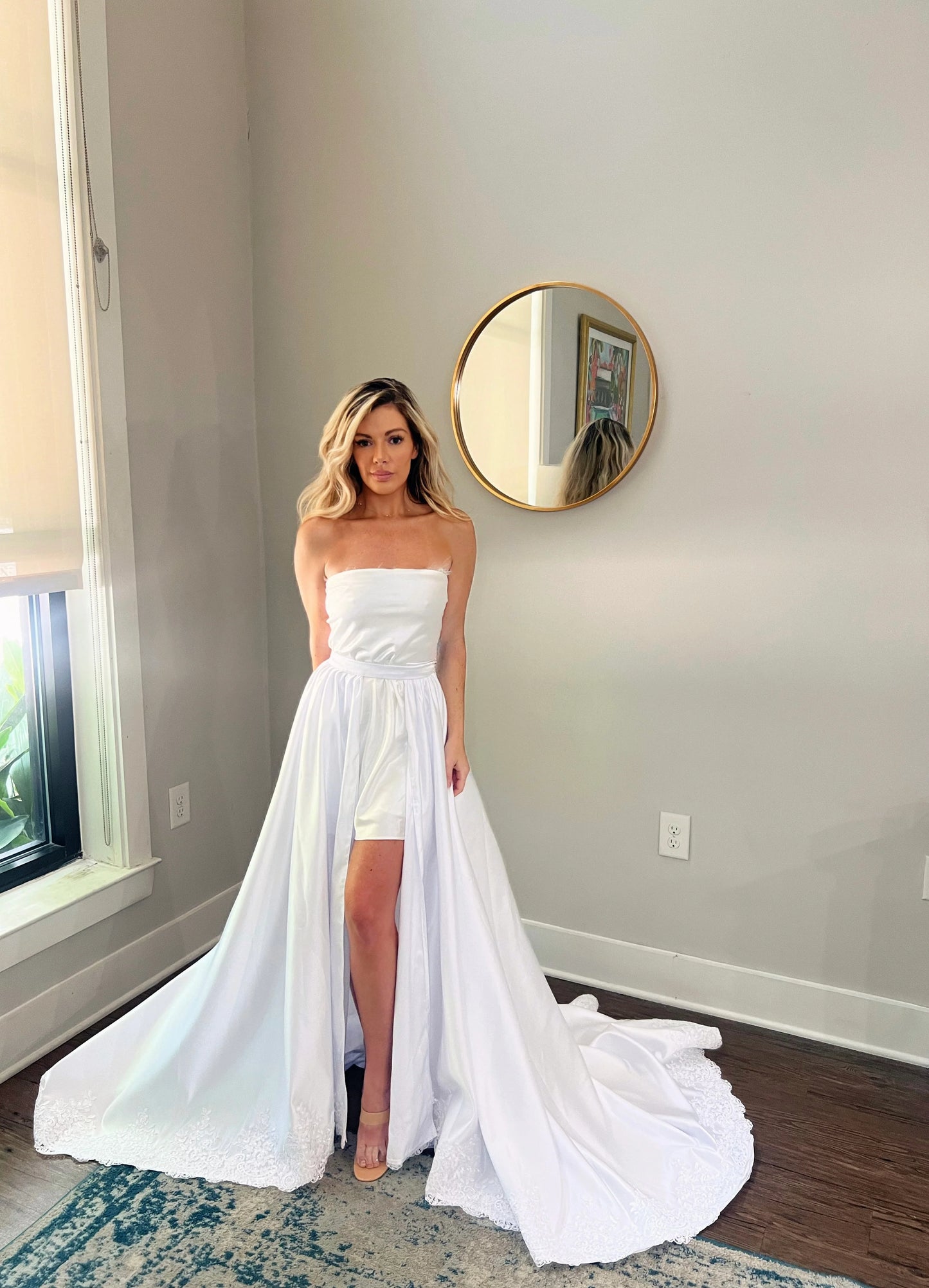 Detachable Satin Wedding Train with Lace Embroidered Trim