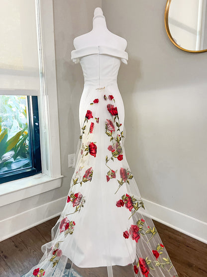 Red Roses Floral Embroidered Detachable Wedding Train with or without Bow
