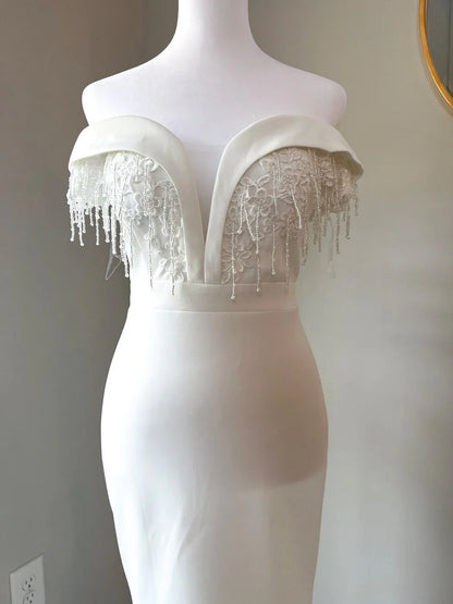 Tear Drop Beaded/Appliques Off Shoulder Mermaid-Trumpet Wedding Dress
