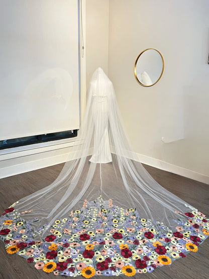 Colorful 3D Flowers Unique Long Wedding Veil