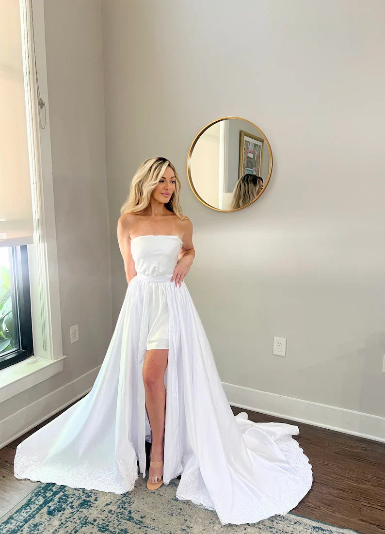 Detachable Satin Wedding Train with Lace Embroidered Trim