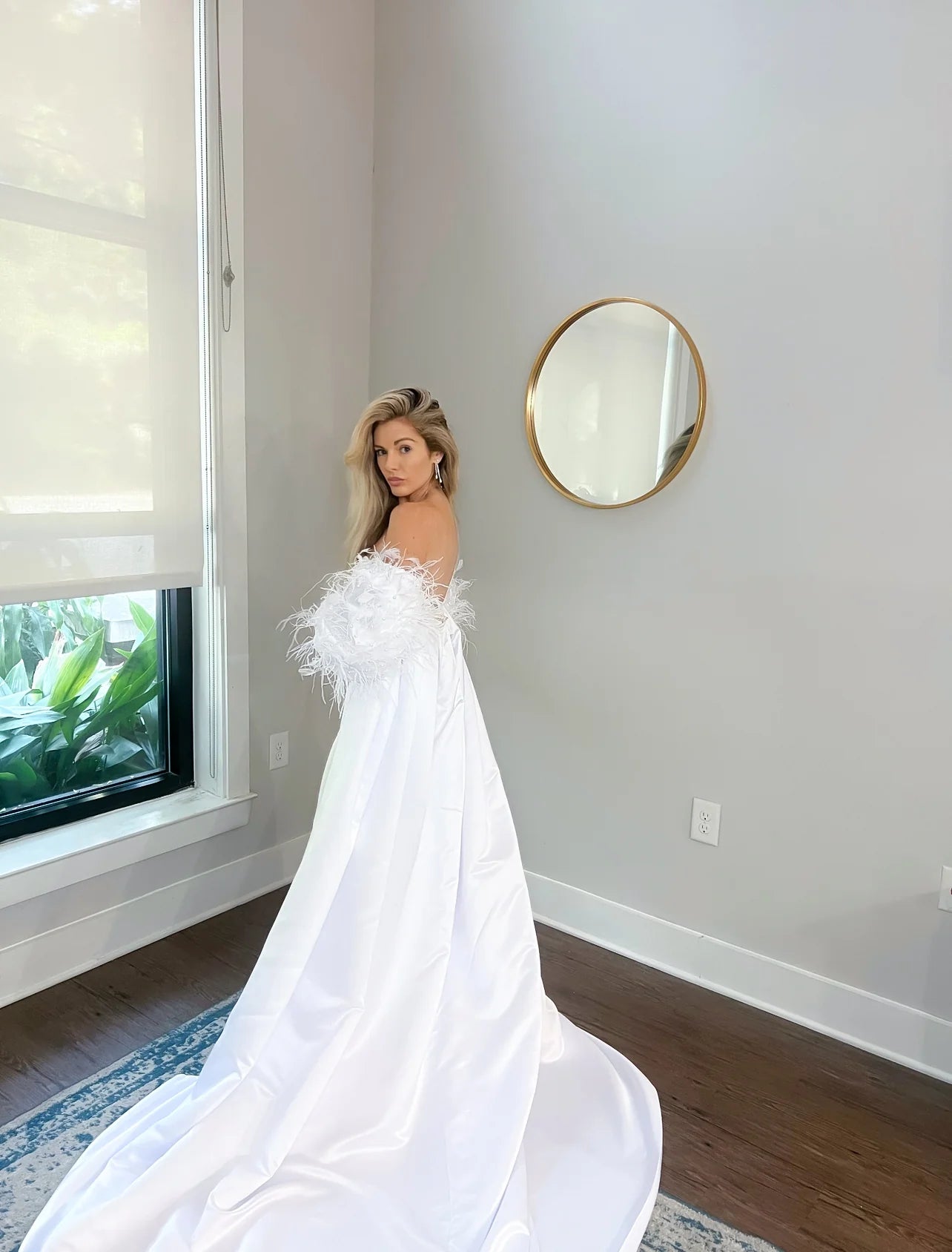 Luxurious Off-Shoulder Cathedral Length Wedding Jacket: Ostrich Feathers & Pearl Sleeves