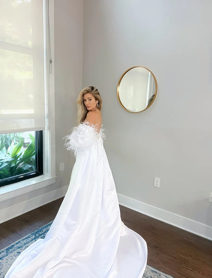 Luxurious Off-Shoulder Cathedral Length Wedding Jacket: Ostrich Feathers & Pearl Sleeves
