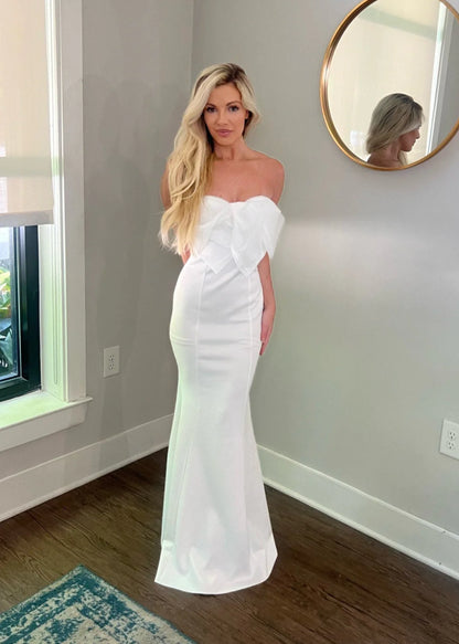 Chiffon Bow Knot Strapless Mermaid Wedding Dress