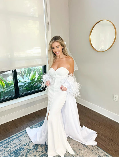 Luxurious Off-Shoulder Cathedral Length Wedding Jacket: Ostrich Feathers & Pearl Sleeves