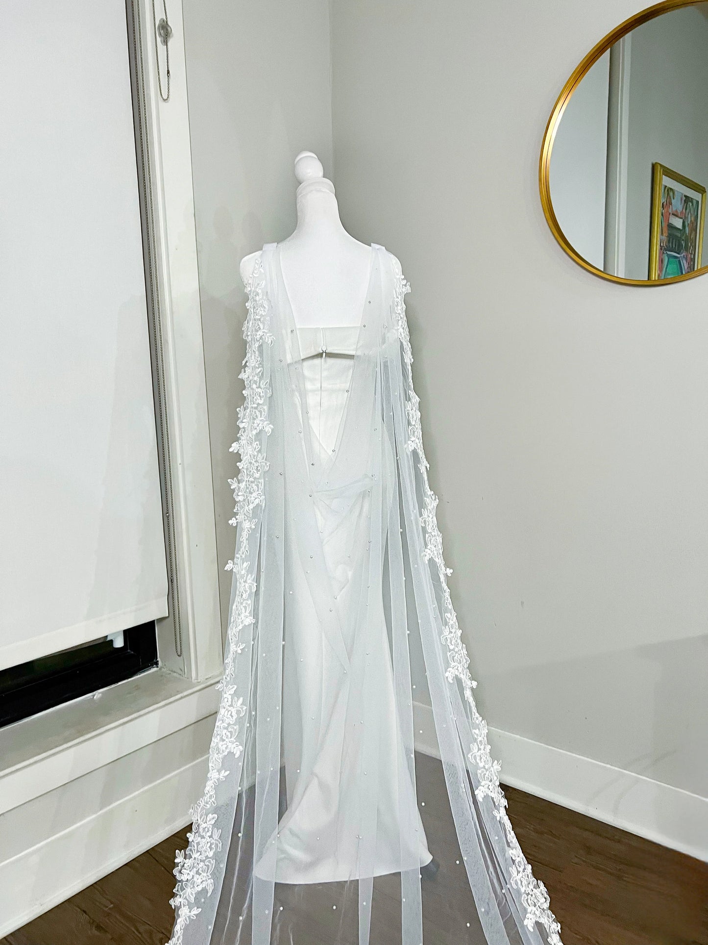 Pearl Beaded Lace Embroidered Trim Detachable Wedding Cape