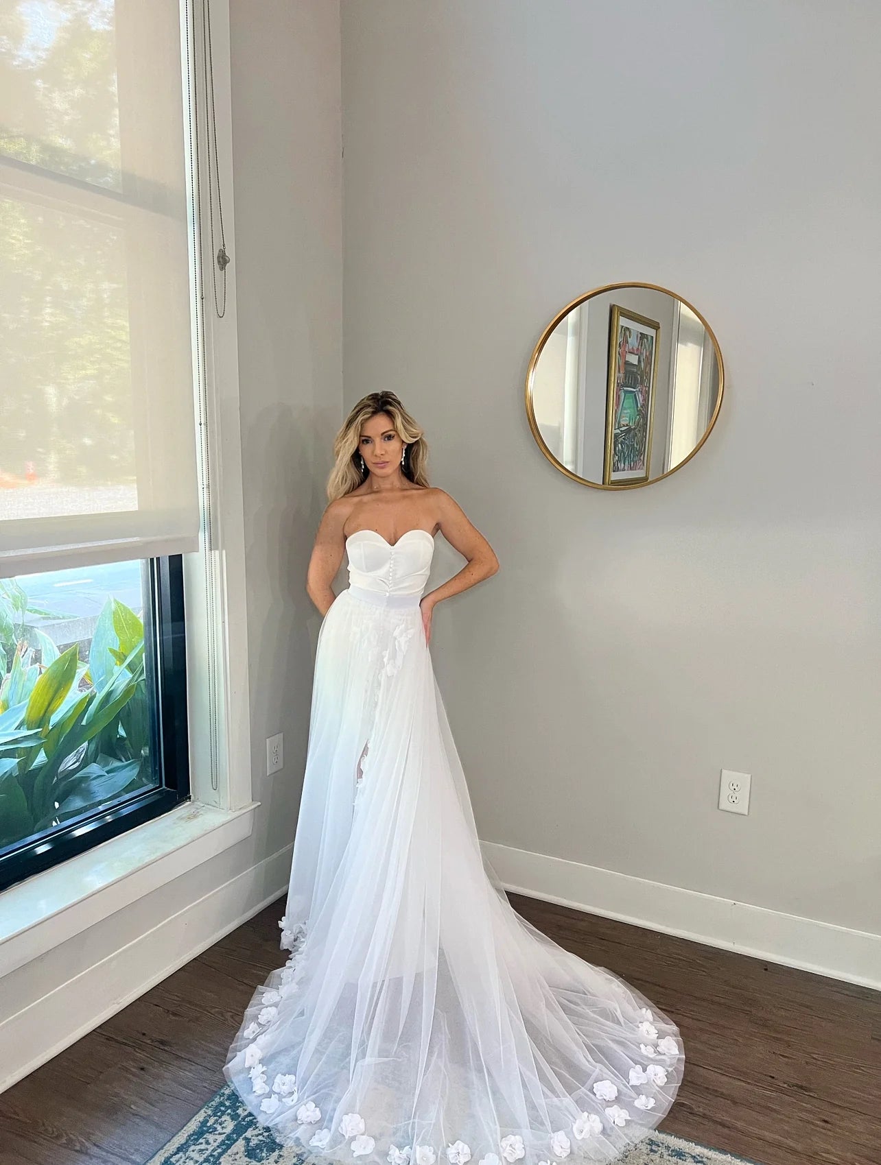 Sweetheart Neckline Wedding Dress with 3D Flower Overskirt