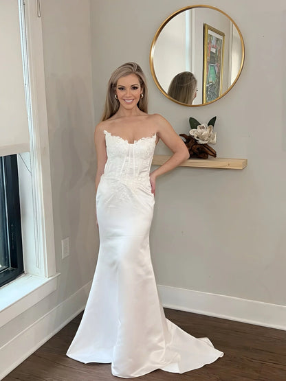 Fitted Satin Wedding Dress with Lace Appliques and Sweetheart Neckline