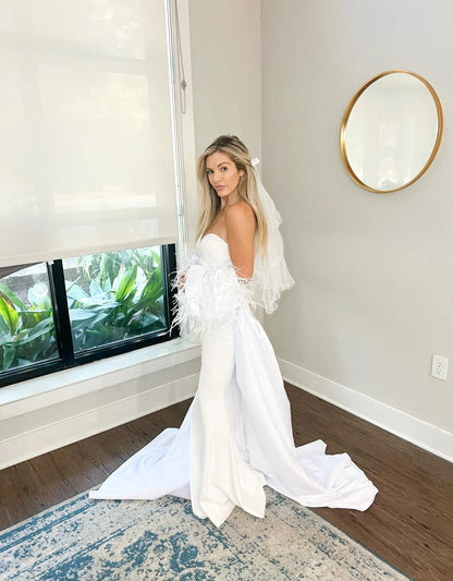 Luxurious Off-Shoulder Cathedral Length Wedding Jacket: Ostrich Feathers & Pearl Sleeves