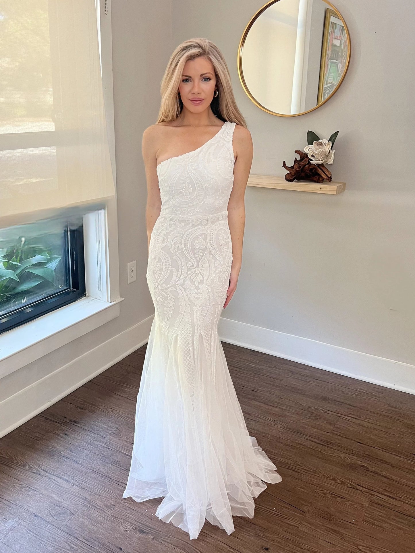 Beaded Sequin One Shoulder Trumpet Wedding Dress